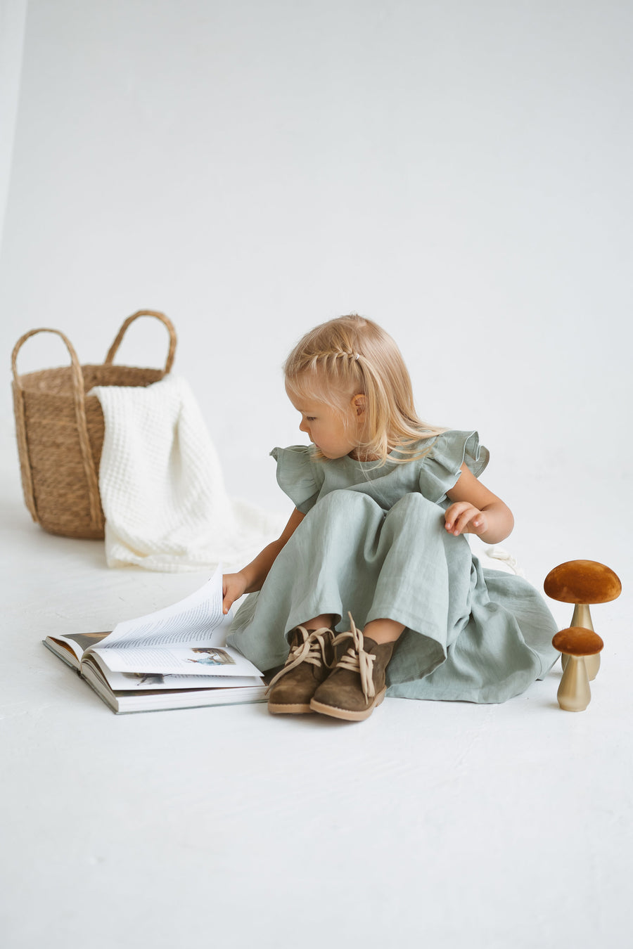 Sage Linen Girls Dress With Ruffles