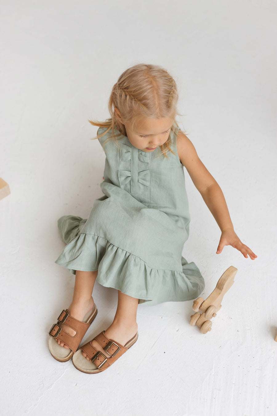 Sage Sleeveless Linen Girls Dress