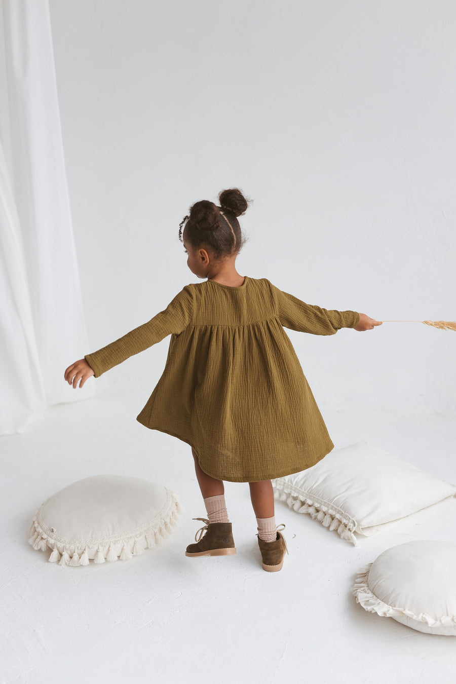 Olive Green Muslin Girls Dress