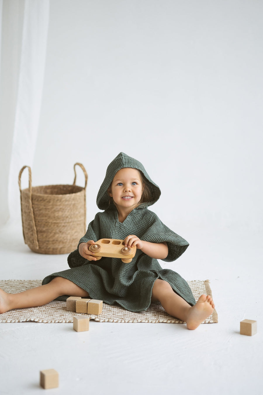 Green Linen Beach Poncho For Kids