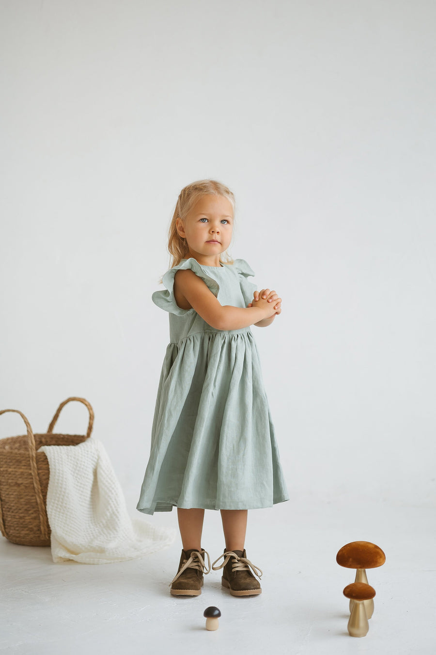 Sage Linen Girls Dress With Ruffles