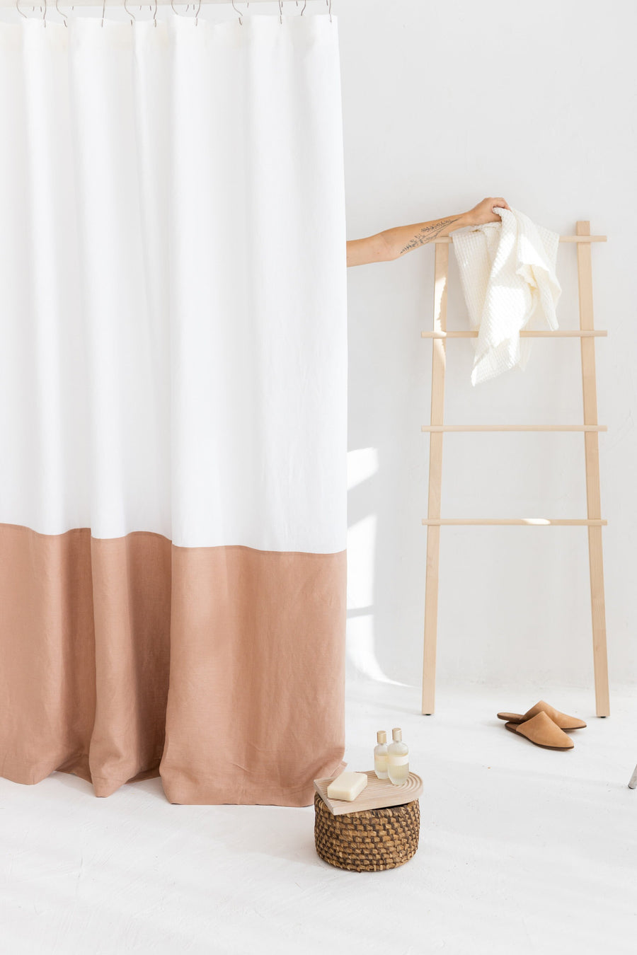 Waterproof White and Peach Linen Shower Curtain
