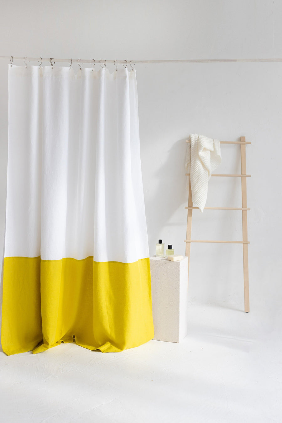 Waterproof White and Yellow Linen Shower Curtain