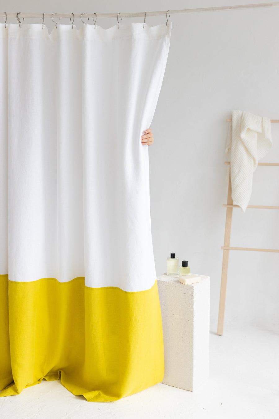 Waterproof White and Yellow Linen Shower Curtain