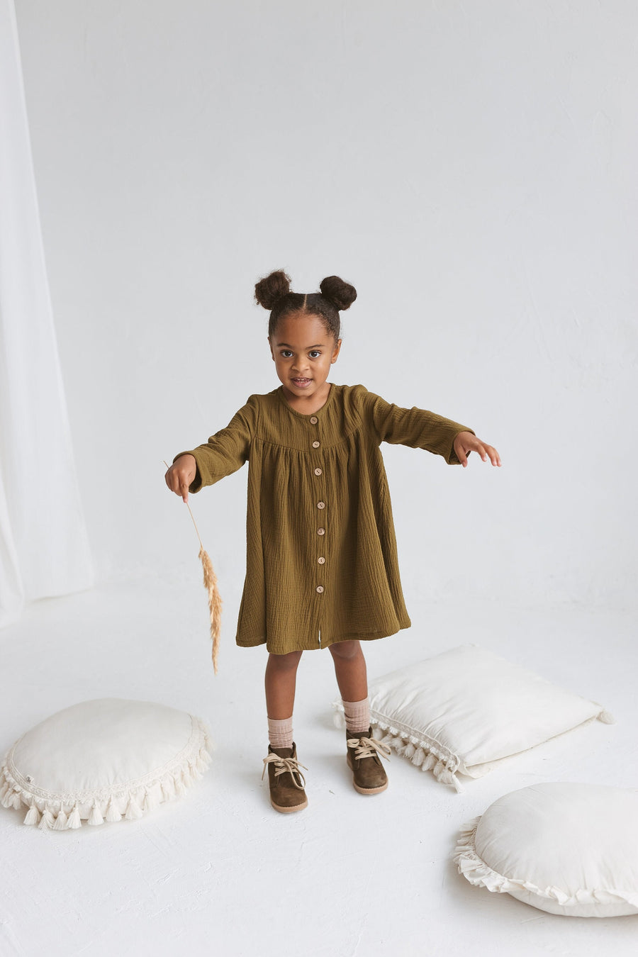 Olive Green Muslin Girls Dress