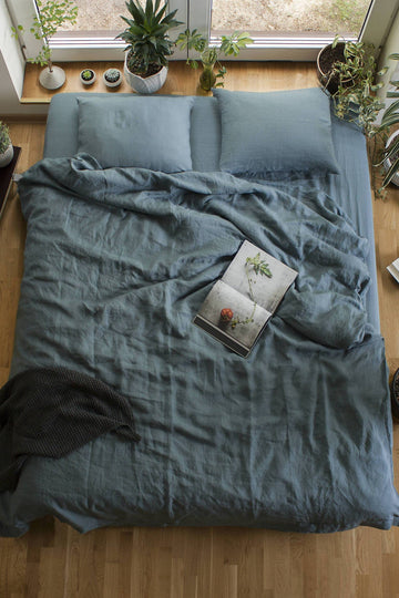 Set Of Dusty Blue Linen Duvet Cover And 2 Pillowcases